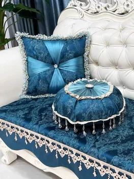 European Linen Square Pillow Cushion, Blue , Add Filling, Tassel, Handmade, Home, Car, Bed, Sofa, Living Room, Wholesale, FG787