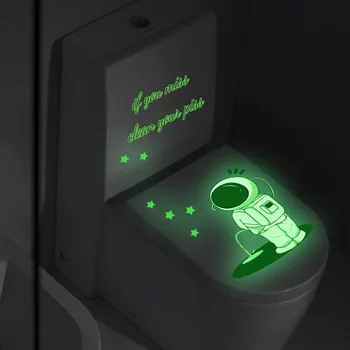 Funny Astronaut Stars Toilet Sticker Kids Room Decor Cartoon Wallpaper Bathroom Glow In The Dark Home Wall Self-adhesive Decals