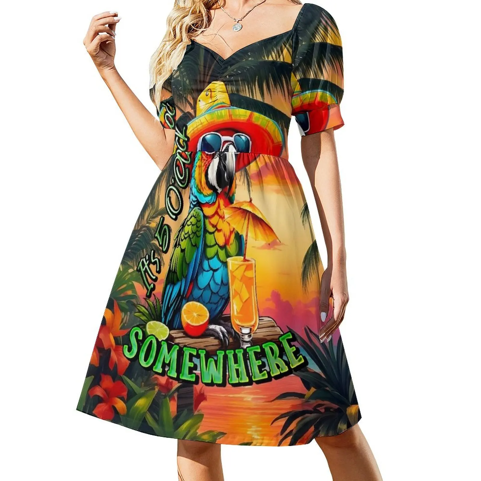 thumbnail image 1 of Son las 5 en punto en algún lugar Vestido de manga corta con diseño de loro tropical Vestido de fiesta ropa de noche para mujer ropa de verano Vestido, 1 of 7