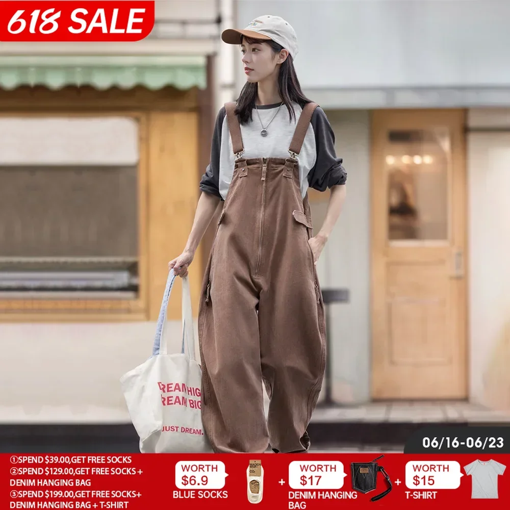 Maden-Women's Vintage Large Pockets Wash Overalls, Straight Large Size Pants, Cotton Baggy, Adjustable Straps Long Jumpsuits