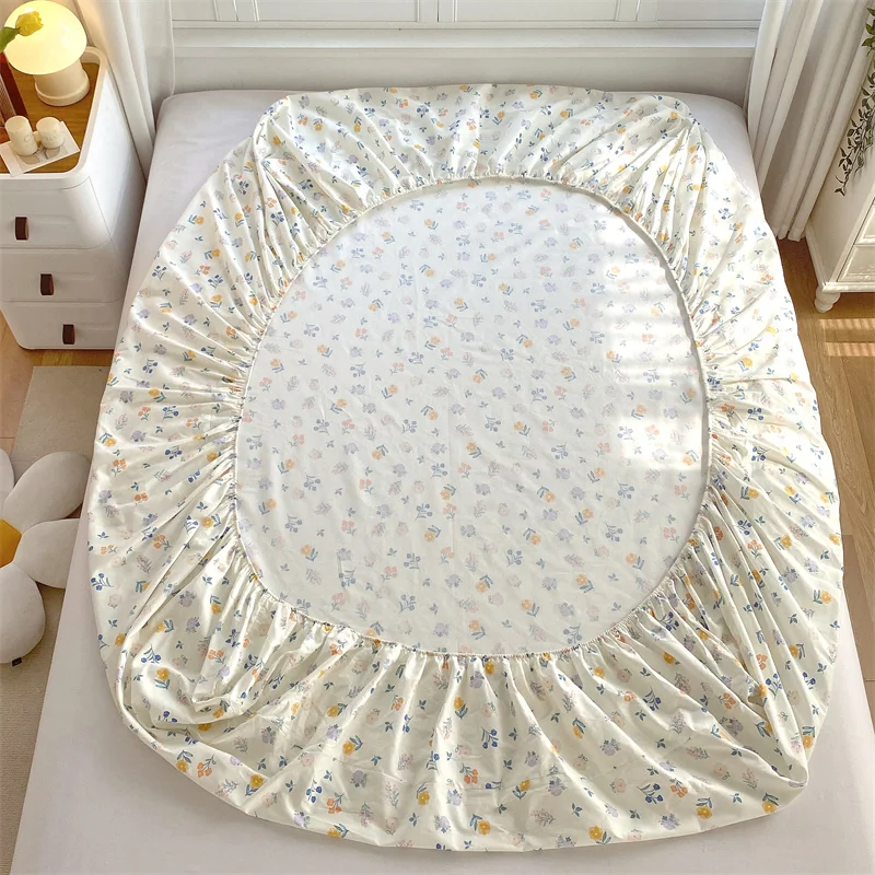 Bonenjoy 1 pc 100%Cotton Fitted Sheet Floral Flower Printed Bed Cover with Elastaic Queen/King Size Bed Fitted Sheet 180x200cm 5