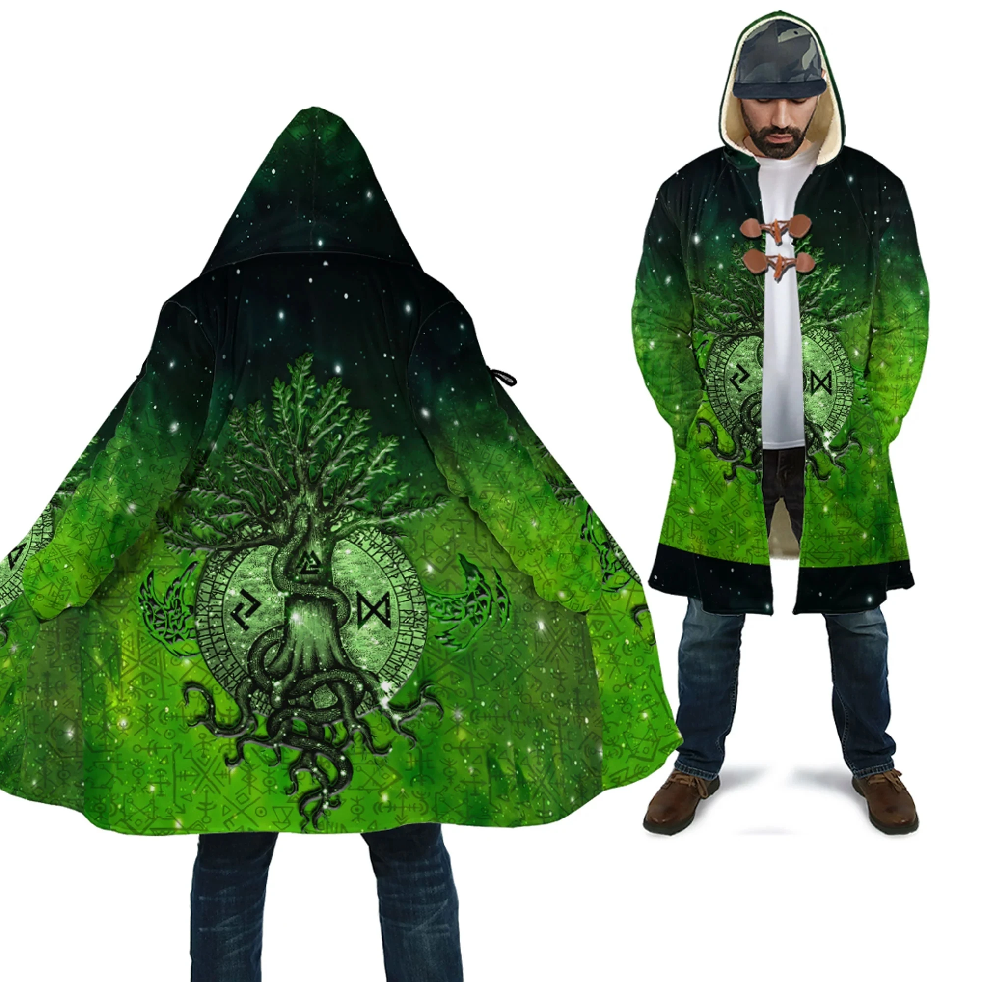 Raven and Vegvisir Vintage Style Tattoo 3D Printed Men's Fleece Hooded Cloak Winter Unisex Casual Thick Warm Cloak Coats PF121