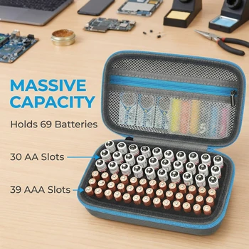Borsa porta batterie - Contiene oltre 69 batterie AA/AAA/C/9V/3V al litio, organizer con scomparti in schiuma e tasca in rete, tester non incluso