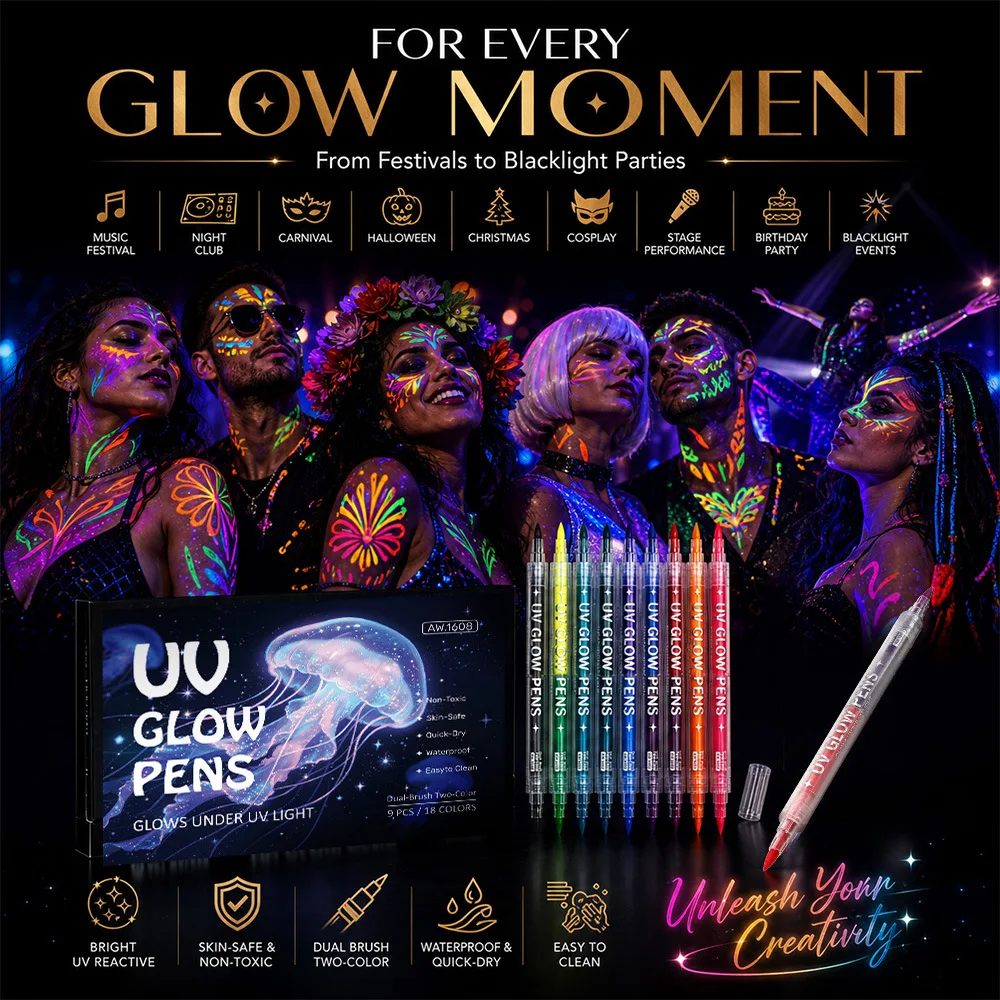듀얼 헤드 UV 바디 페인팅 마커 형광 페이스 페인트 펜 할로윈 파티 야광 아트 그래피티 펜 세척 가능