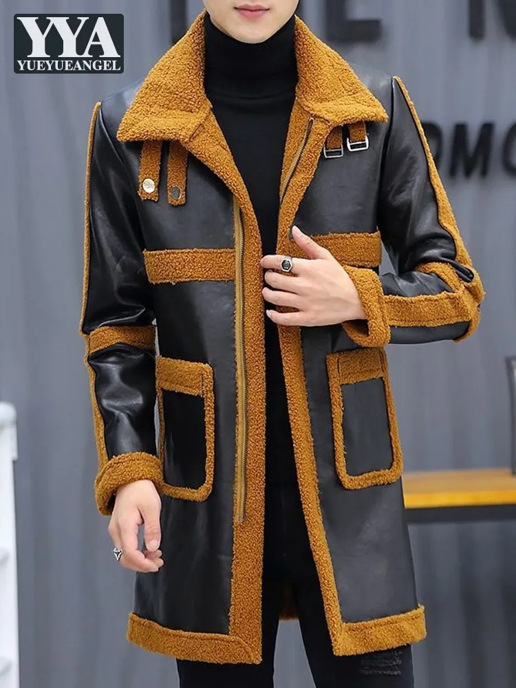 

Winter Men Thick Warm Fleece Lining Mid Long Jacket Slim Fit Pu Leather Windbreaker Coat Vintage Fashion Casual Outwear Overcoat