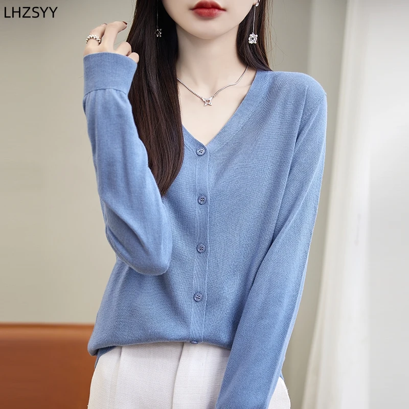 

LHZSYY Simple Solid Color Jacket V-Neck Worsted Silk Wool Cardigan Ladies Thin Long-sleeve Sweater Joker Loose Knit Short Coat