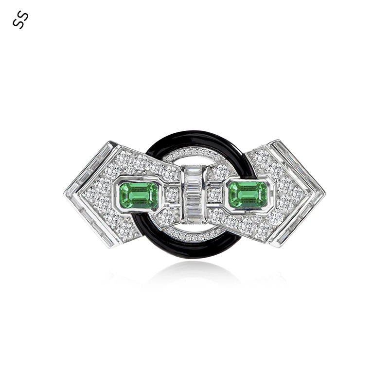 

Green Spinel Black Agate Brooch S925 Sterling Silver Temperament Simple Badge 5A Zircon Gemstone Corsage Pin Jewelry Accessories