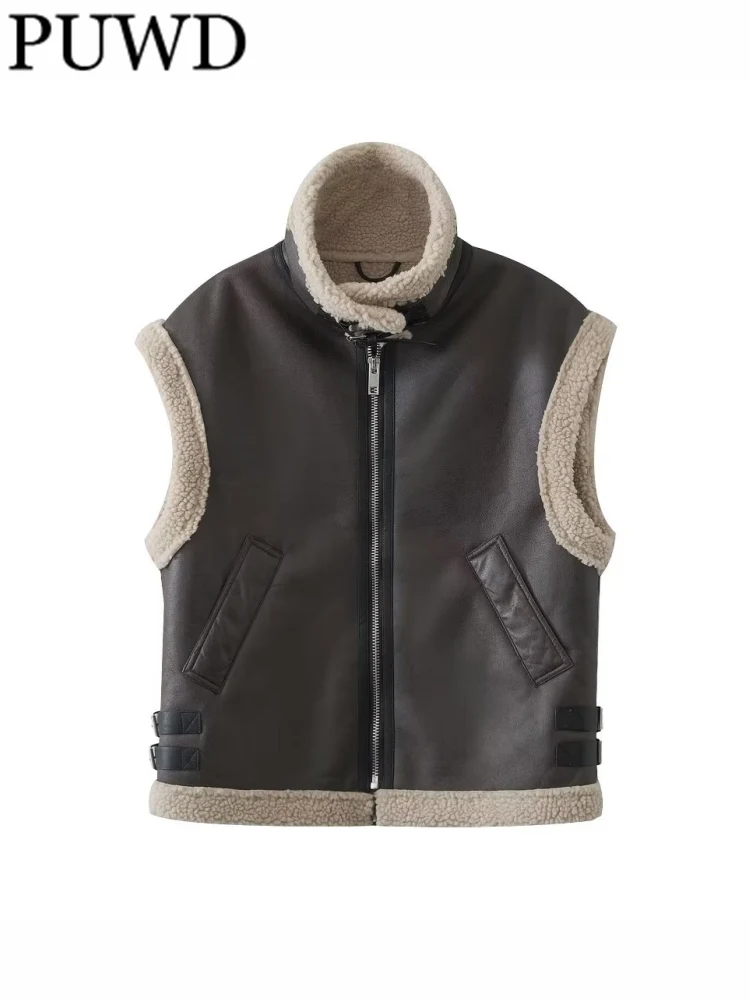 

ZACK RAIN Brown Vest For Women 2023 Winter Leather & Fur Vest High Collar Sleeveless Jackets Female Outwears Chic