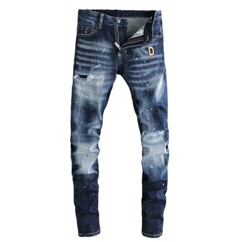 Street Fashion Men Jeans High Quality Retro Blue Stretch Slim Fit Painted Ripped Jeans Men Patch Designer Hip Hop Brand Pants