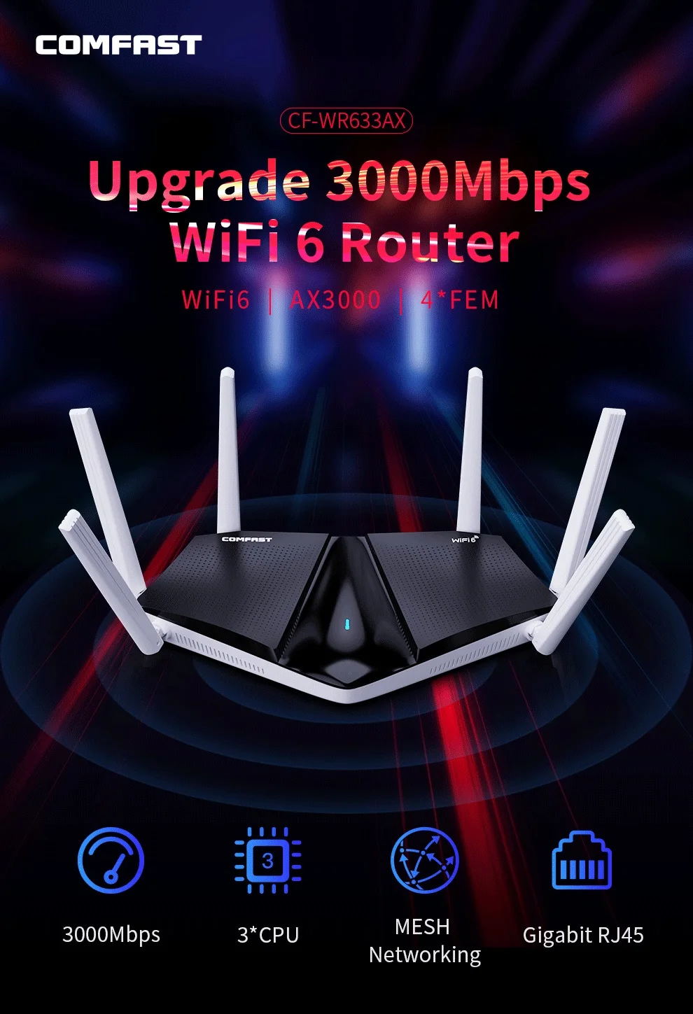 Comfast-roteador sem Fio Mesh Gigabit Wifi Dual Band 2.4g e 5ghz 3000mbps Poderosa Antena de Alto Ganho Fem Mu-mimo - Imagem 3