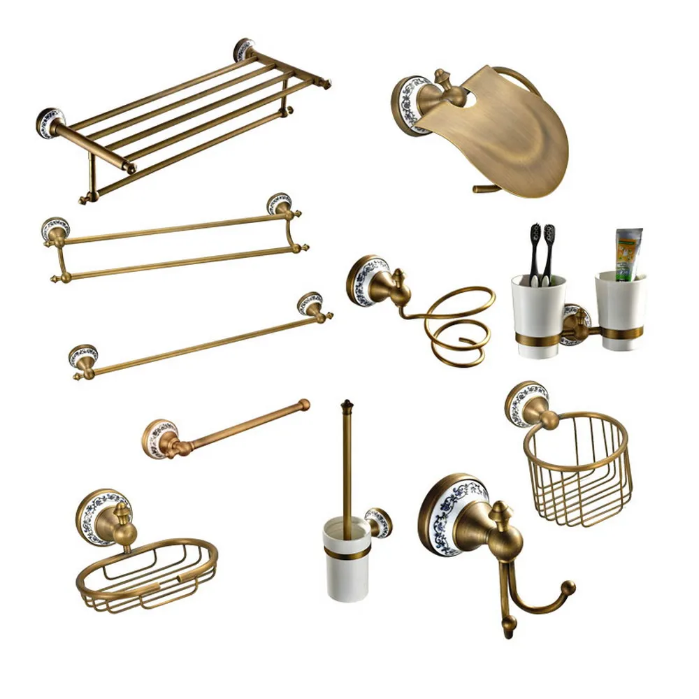 Antique Brass Ceramic Base Wall Mounted Bathroom Accessories Set Bath Hardware Towel Bar azh134