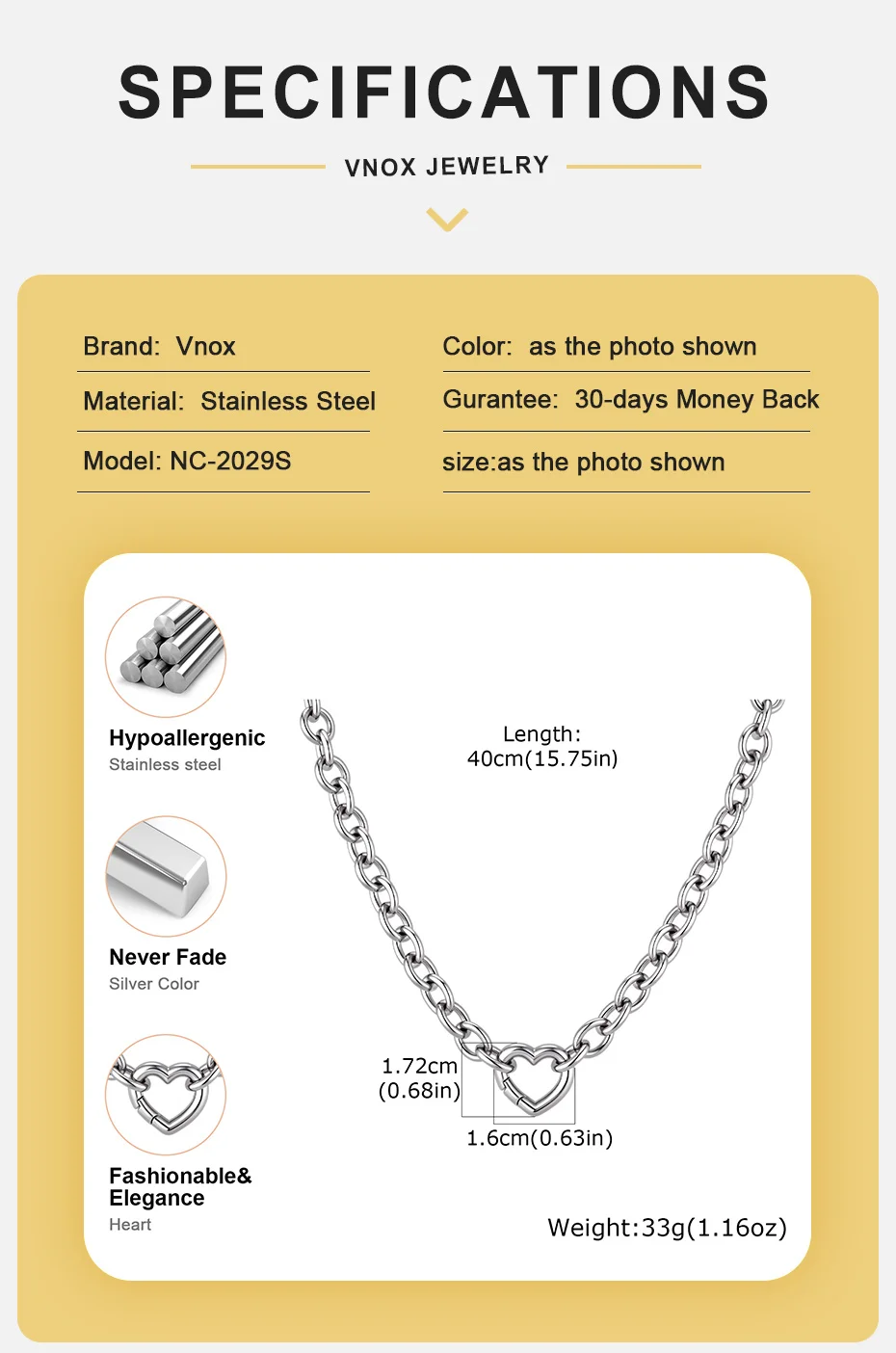 Vnox Minimalistisches Silberfarbenes Armband mit Glatter Runder Kreuz-Herz-Schnalle, Edelstahl Chunky-Ketten-Halsketten Schmuckgeschenk – Detail 10