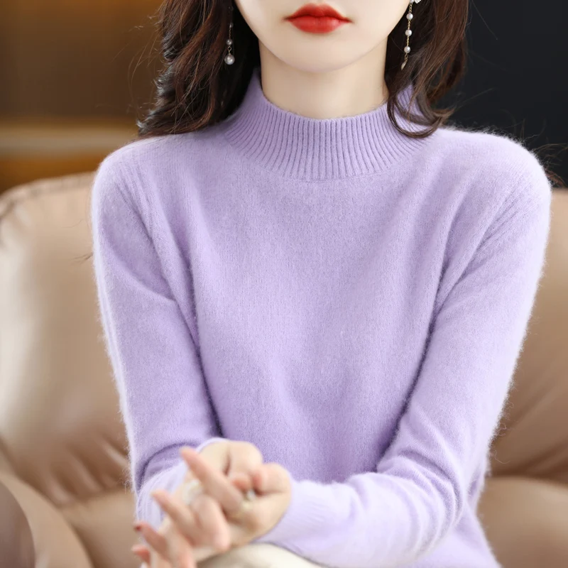 여성용 밍크 벨벳 스웨터, 세미 하이 칼라 풀오버, 캐주얼 뜨게 패션, 루즈 탑, 한국 버전, 100% 가을 및 겨울 신상