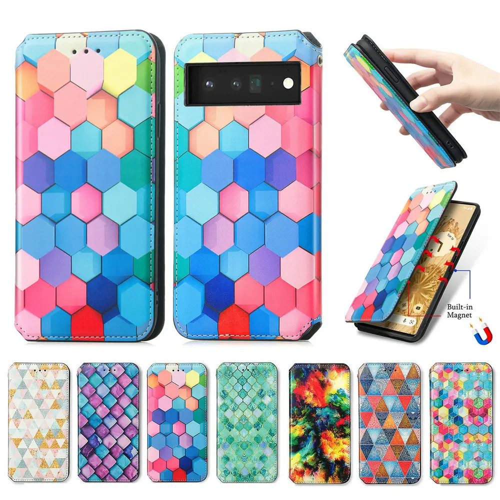 

Pixel 7 6 Pro Pixel7 Leather Wallet Book Case Colorful Patterned Folio Flip Cover for Google Pixel 6A 5 XL 4A Protective Bags