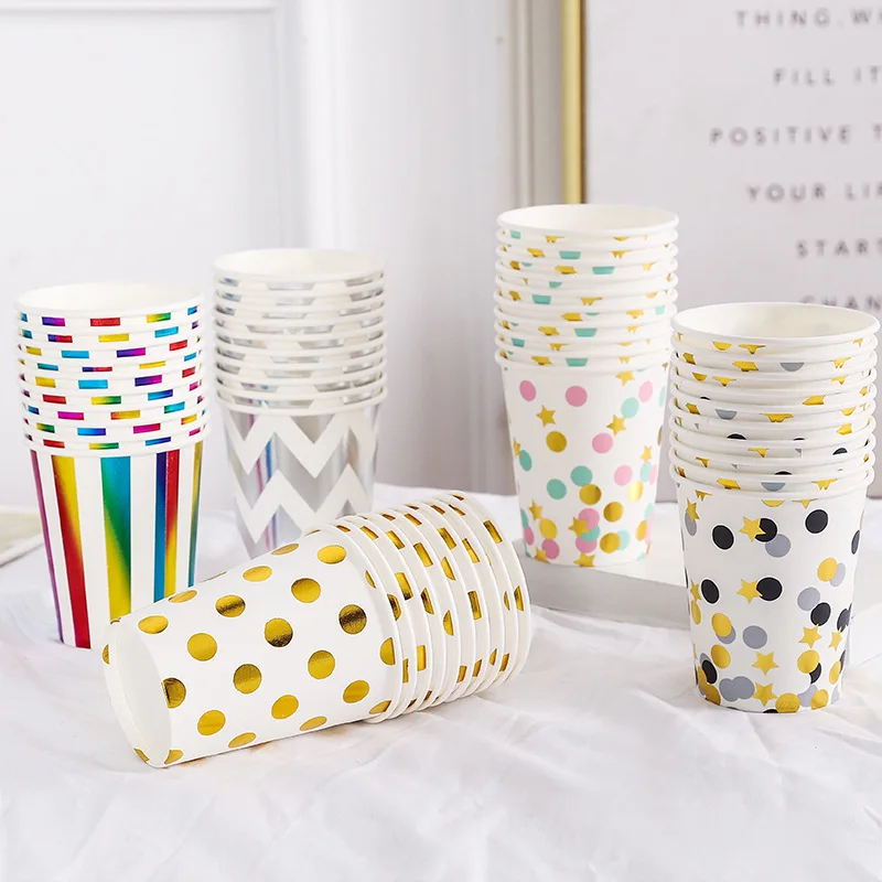 10 sztuk złota Drukowanie brązujące srebrne fale 250 ml kubki papierowe Jednorazowe kubki papierowe Gorące napoje Zimne napoje artykuły na wesele_voghion.com
