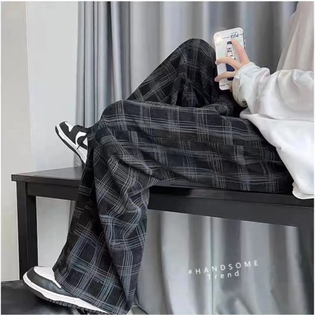 Summer plus size American retro plaid casual pants men's and women's straight leg loose high street sweatpants trend