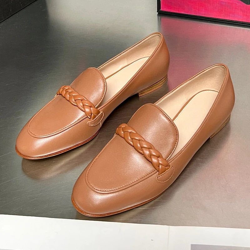 

Autumn New Concise Ladies Flat Shoes Hemp Rope Design Round Head Single Shoes Solid Color Real Leather Material Female Loafers