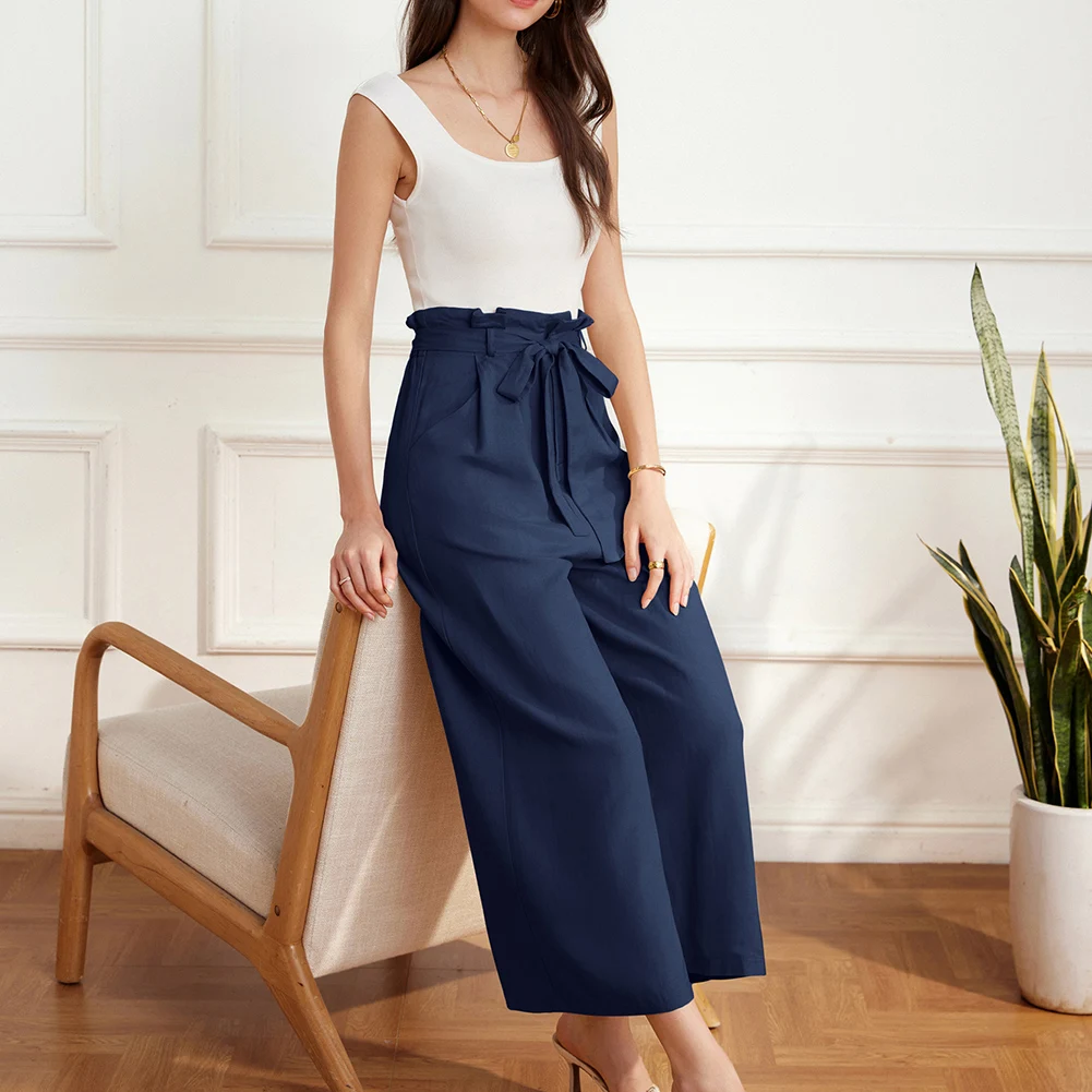 GK Women Wide Leg Ankle Pants Casual Vintage Retro Solid Elastic Waist Palazzo Capri Pants Y2k Fashion Office Lady Streetwear