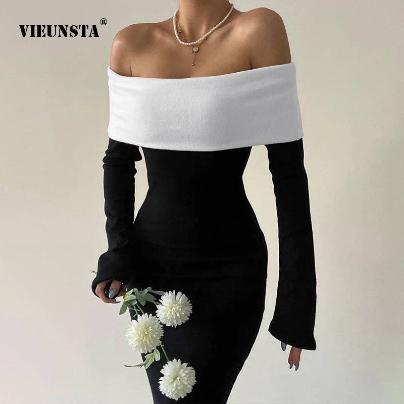 

French Fashion Classic Elegant Pretty WomensDress Contrast Layer Wrap Chest Long Sleeve Slim Fit Wrap Hip Long Dress For Females