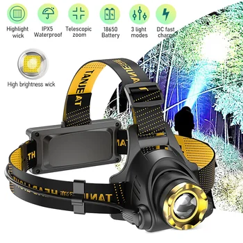 Led Headlamp USB Rechargeable Powerful Batteries Headlight Camping Search Light Head Flashlight 90° Adjustable Head Strap Lamp 4