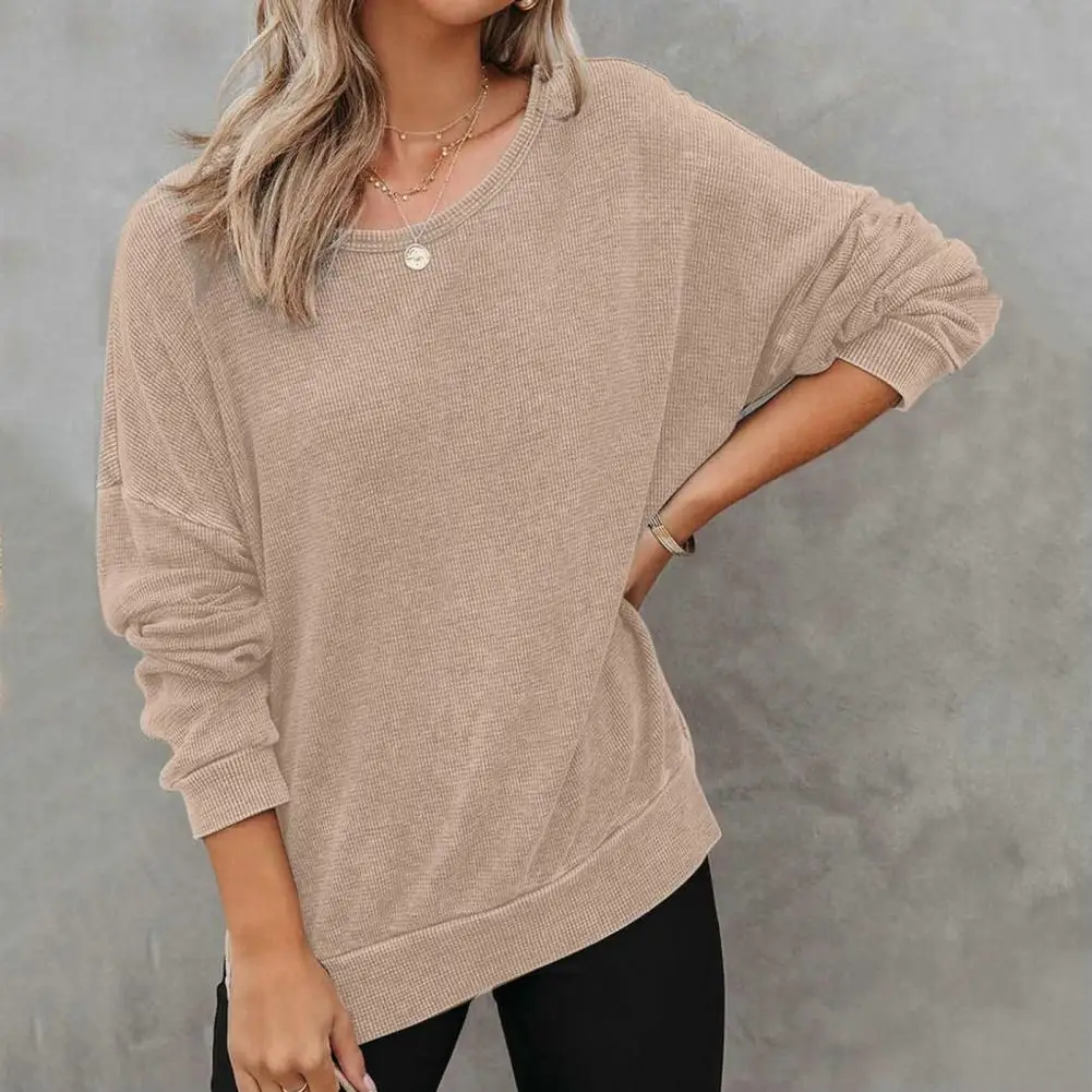 

Women Hoodie Oversized Waffle Knit Crewneck Sweatshirt Long Sleeve Side Slits Casual Pullover Sweatshirt Tops Sweatshirt