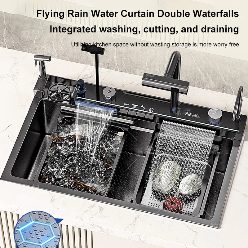 Stainless Steel Waterfall Kitchen Sink Honeycomb Scratch Resistant Right Drain Wash Basin Large Single Slot Smartphone Holder 3