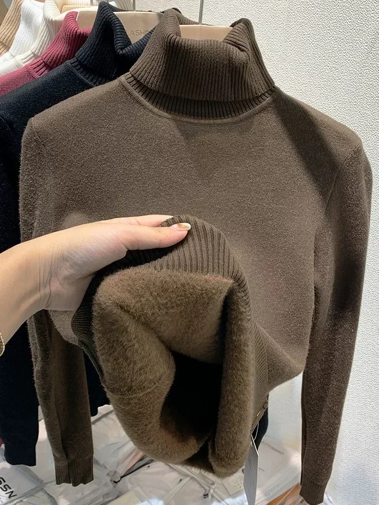 

Plush Lined Warm Sueter Knitted Pullover Thicken Velvet Turtleneck Sweater Women Korean Slim Top Winter Jersey Knitwear Jumper