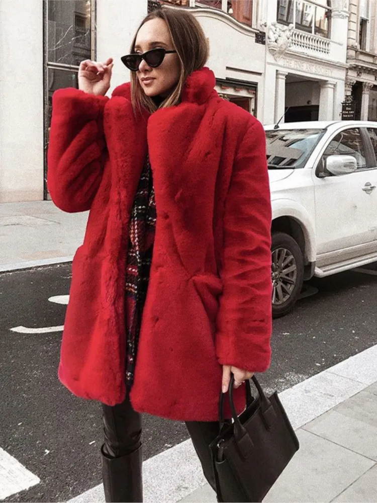 

Elegant Mink Fur Coat Women's Winter Thick Warm Faux Fur Jacket Furry Overcoat Long Sleeve Solid Pocket Lady Street Outerwear