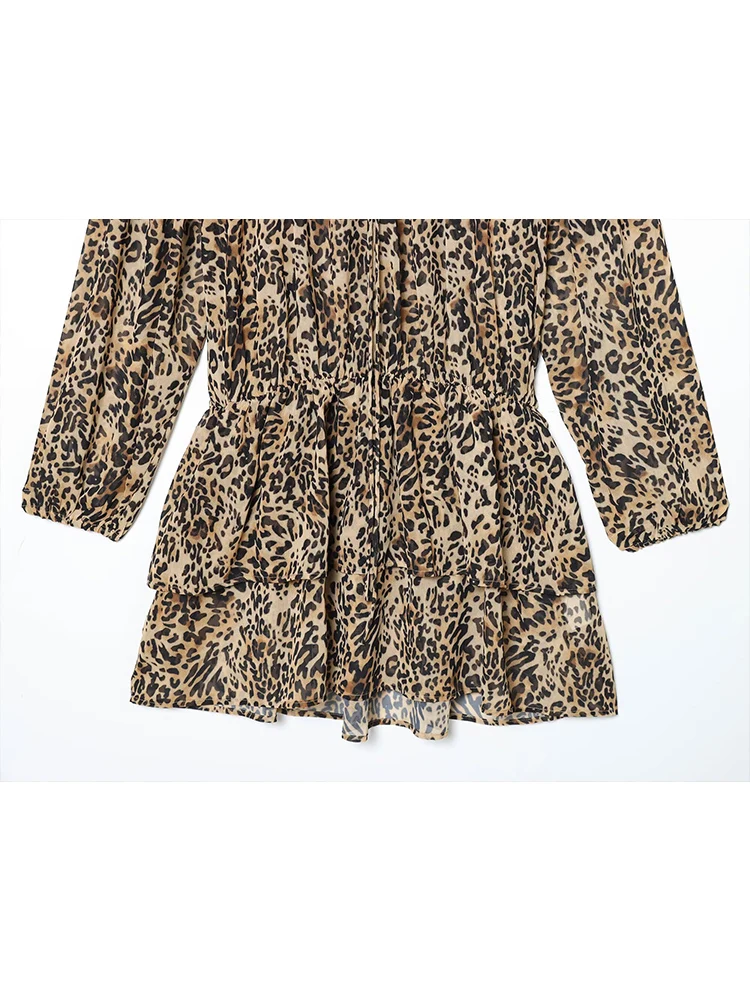 New Ladies Sexy Long Sleeve Mini Dress Summer Leopard Printed Lace Up Beach Dress Chic Tierred Decoartion Female Short Dress