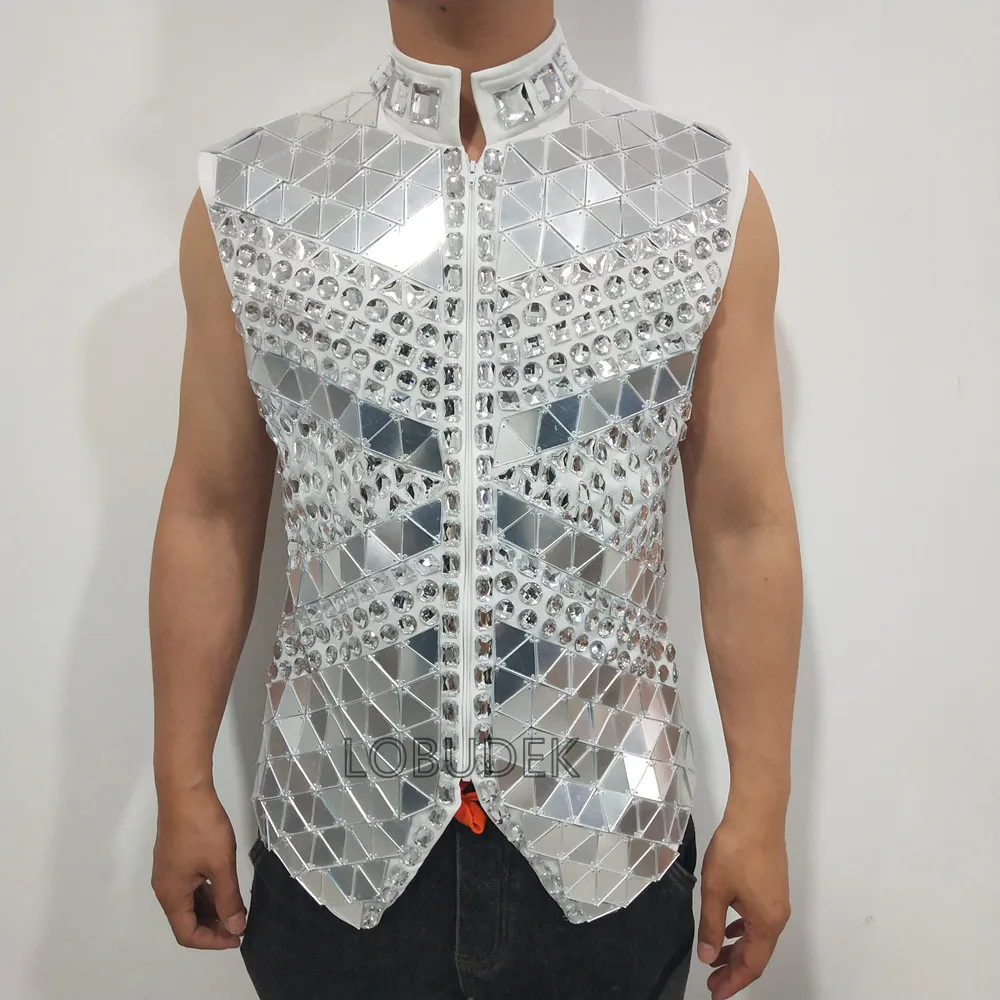 Bar Male Singer Rhinestones Mirror Waistcoat Slim Vest Nightclub Dance Costume Red Black Blue White michael jackson cosplay outfit
