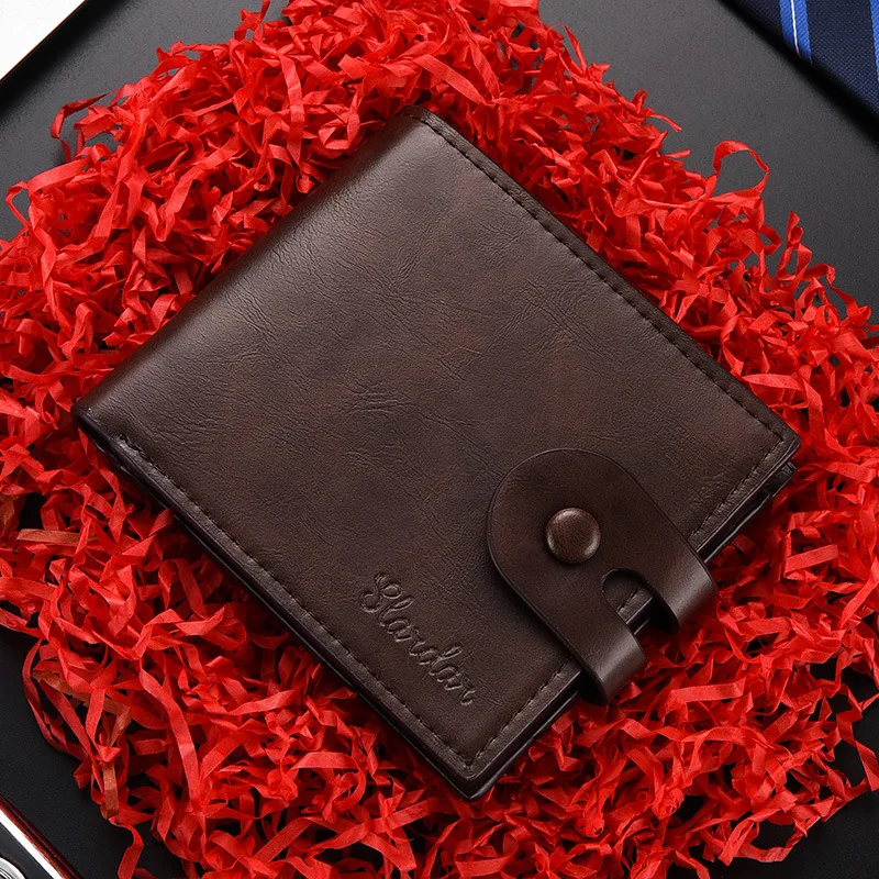 Men's short ultra-thin buckle wallet, youth soft leather wallet, casual student horizontal coin purse