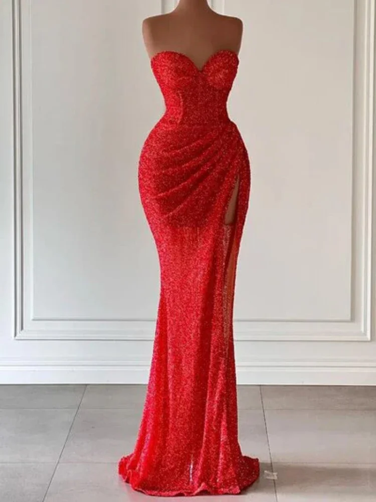 

Summer Popular Slim Waist Mermaid Gown Sexy Split Sequin Dress 2024 Fashion Popular Strapless Sleeveless Evening Dresses