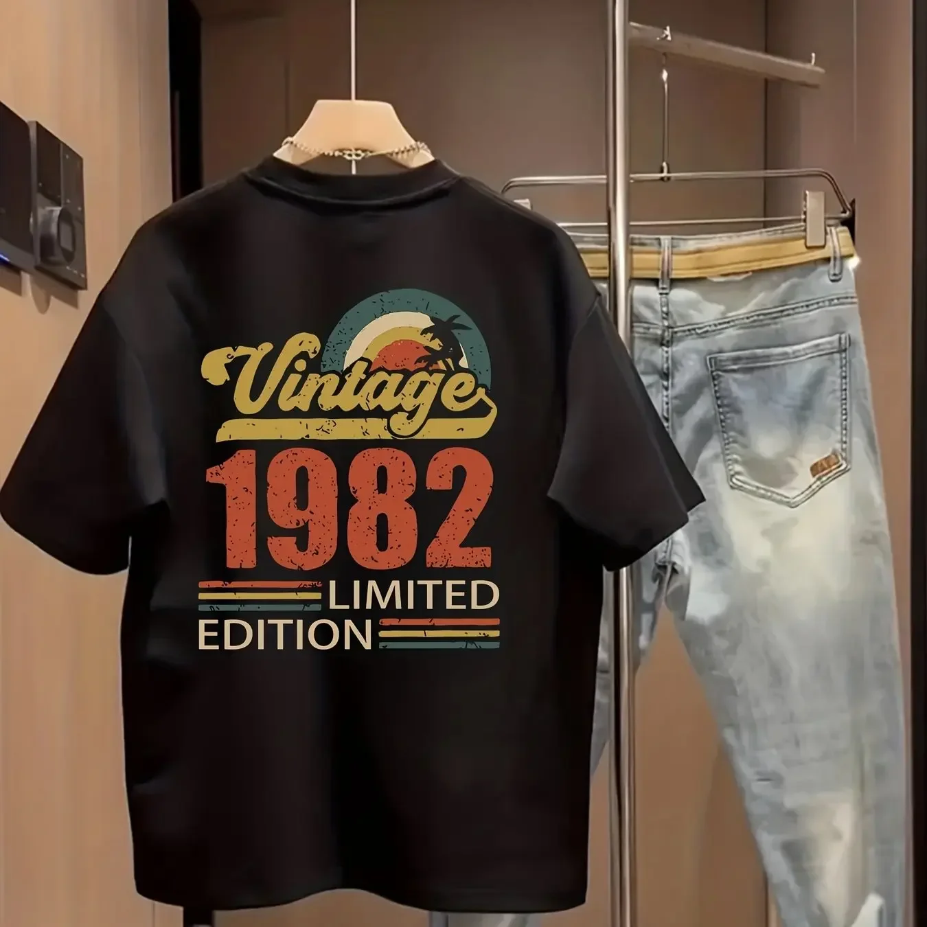 Herren Sommer Vintage T-Shirt "Vintage 1982 Limited Edition" Retro Sonnenuntergang-Druck 100% Baumwolle Top für Lässige Streetwear