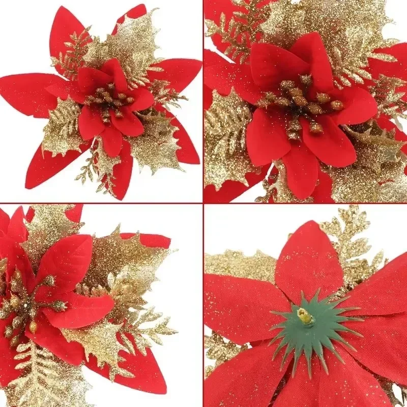 Christmas Artificial Flower 50/5pcs Red Glitter Poinsettia DIY Wreath Xmas Tree Ornaments Floral Wedding Party Home Decoration