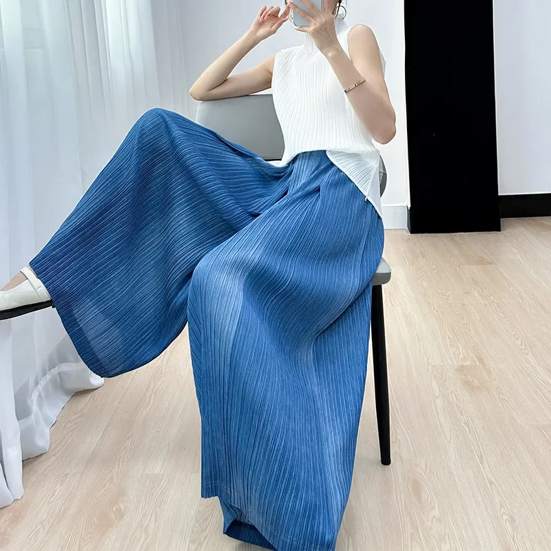 Miyake Pleated Wide-Leg Trousers Women's Summer 2023 New High Waist Comfort Loose Temperament Imitation Denim Casual Pants Women xs xl size lose straight leg jeans solid color women pants high waist baggy casual streetwear comfort colored trousers oversize