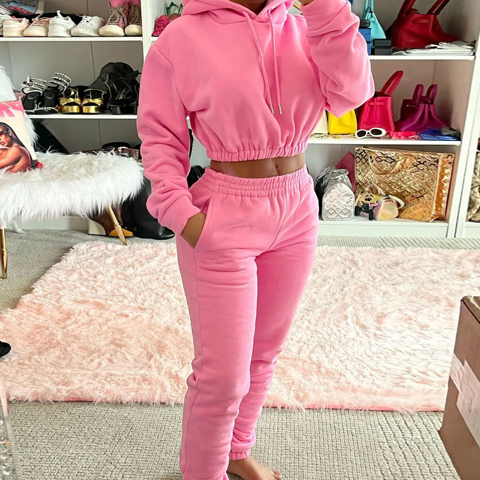 Winter Women Plush Hoodies & Trousers Pant 2 Piece Set Ladies Fleece Cropped Tops Hooded Sweatshirt & Sweatpant Jogging 2pcs Set