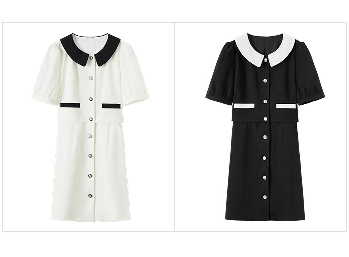 Dress Women Contrast Texture Fake Two Pieces Summer New Bubble Sleeve Breasted Short Dress Elegant Small Fragrance