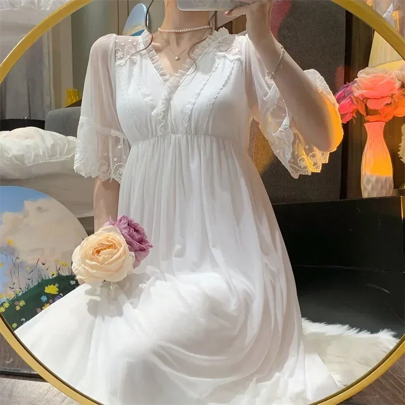 

Женская кружевная ночная сорочка с оборками, однотонная короткая ночная рубашка в сетку, в Корейском стиле