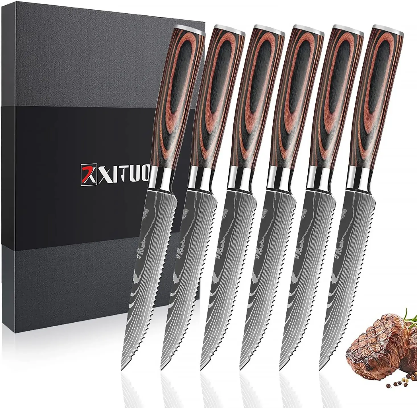 Kitchen Knives Gift Set - 4 Serrated Steak Knives 5' Set in Wooden Box