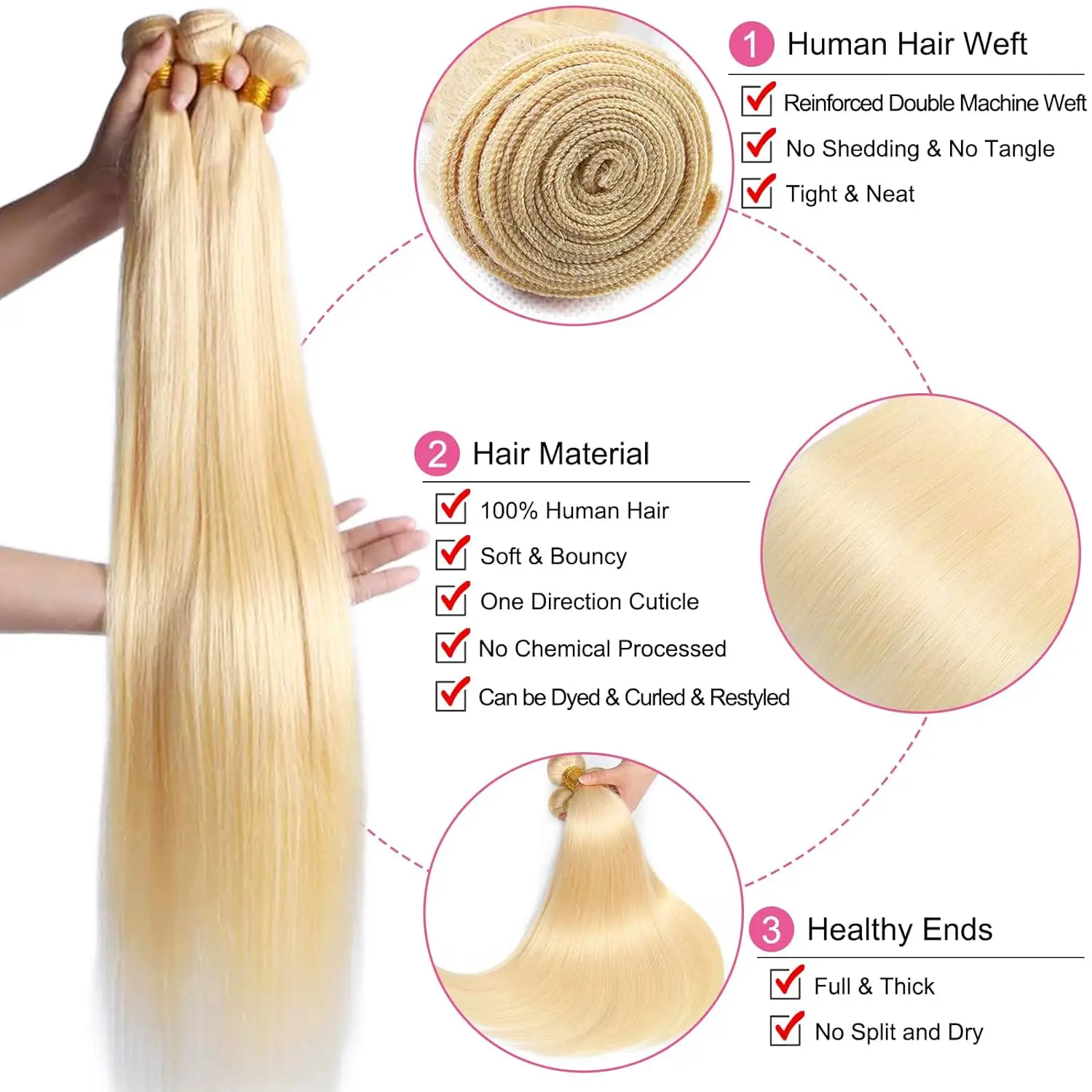 Human Hair Bundles 613 Honey Blonde Colored 20-34 Inch Straight Human Hair Bundles 50g Brazilian Hair Weave Bundles 100% Remy Human Extensions