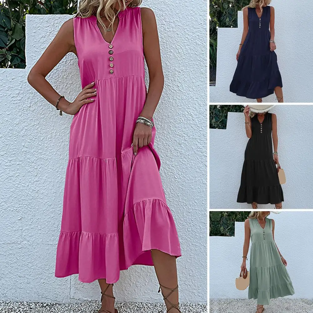 

Women V-neck Dress Elegant V Neck Midi Dress with Button Decor A-line Hem for Women Soft Flowy Vacation Beach Dress Pure Color