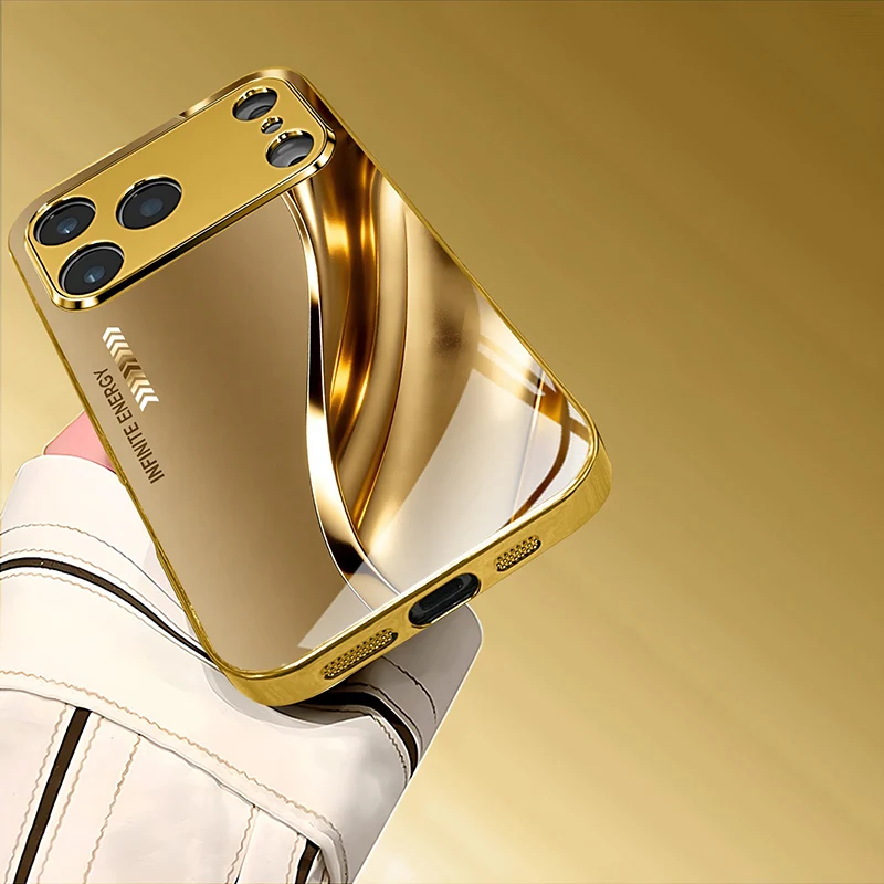 Luxury Gold Metallic Paint Glass Phone Case with Elegant Metal Curve Design