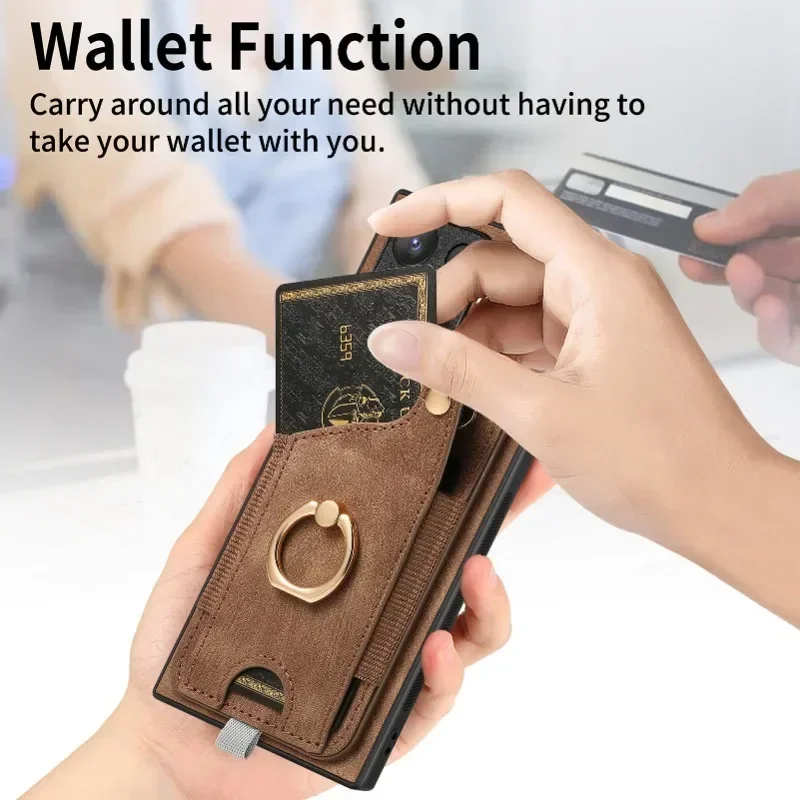 Leather Wallet Phone Case with Ring Holder and Card Slot Cover