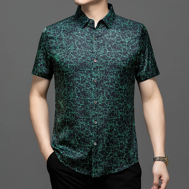 

Рубашка мужская шелковая с принтом, модная сорочка из мягкого шелка тутового шелкопряда с короткими рукавами, атласная гладкая одежда, лето 2024