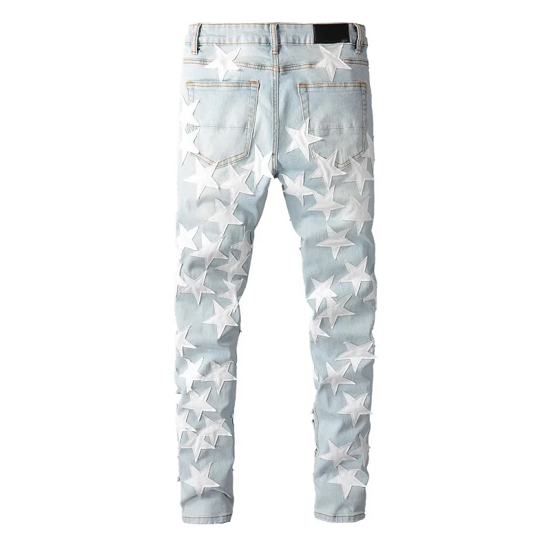 Best Sellers Men\'s Distressed Streetwear Light Blue Denim Pants Leather White Stars Patchwork Moustache Holes Ripped Jeans Pants