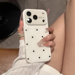 Polka Dot Frosted Phone Case with Large Window Lens Protection and Shockproof Bumper Cover - iPhone 15 (White - Black)