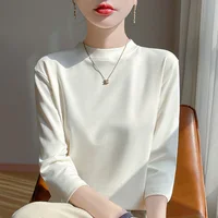 Summer And Autumn New 100% Cotton T-shirt Women's Semi-High-Necked Cropped Sleeves Loose Solid Color Bottoming Top - Image 2