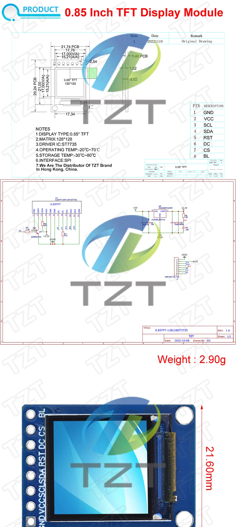 1/2/5PCS TZT 0,85 Zoll TFT Display Modul HD IPS LCD LED Bildschirm 128X128 SPI Schnittstelle ST7735 Controller für Arduino – Detail 1