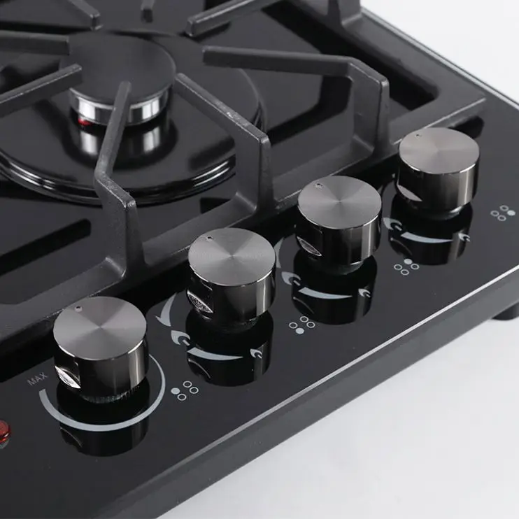 Kitchen 4 Burner Stove Hob Tempered Glass Panel 60Cm Black Built in Gas Hob Grill Gas Stove with Cast Iron Enamel