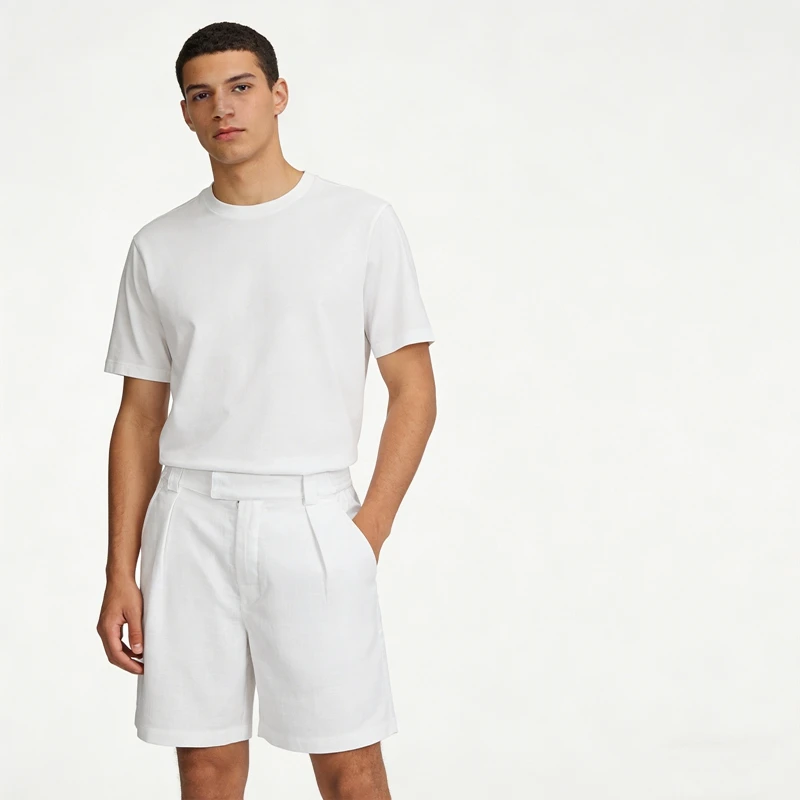 Weiße plissierte Leinen-Bermudashorts für Herren, klassische Passform, elastischer Bund, lässige knielange Sommerurlaub-Strandshorts – Detail 5